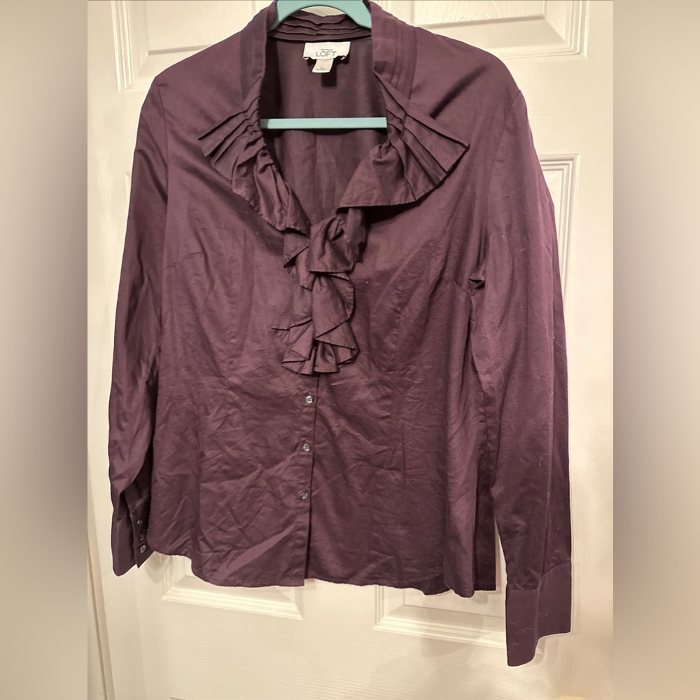 Ann Taylor Loft Size 12  pleated Ruffle Trim Button Front Cotton Long Sleeve